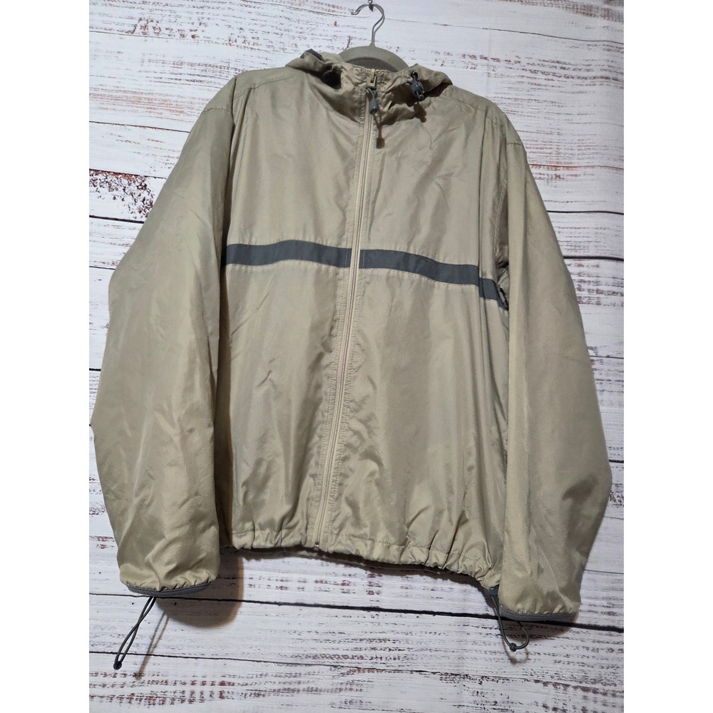 Eddie Bauer Mens Windbreaker Jacket Tan Khaki Grey Stripe Hooded Vented Medium